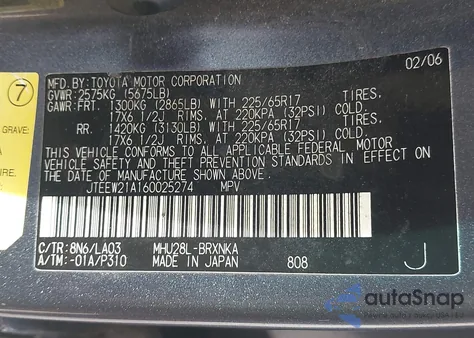 2006 Toyota Highlander Hybrid Limited V6 from USA, damaged, VIN JTEEW21A160025274